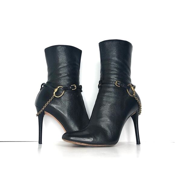 Vintage Gucci Horsebit Chain Harness Black Leather Ankle High Heeled Boots 36.5 - Picture 2 of 8
